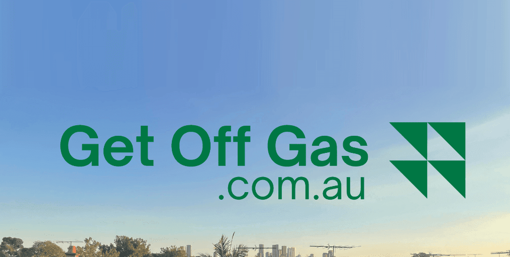 Get Off Gas logo with green text and geometric icon, against a clear sky background.