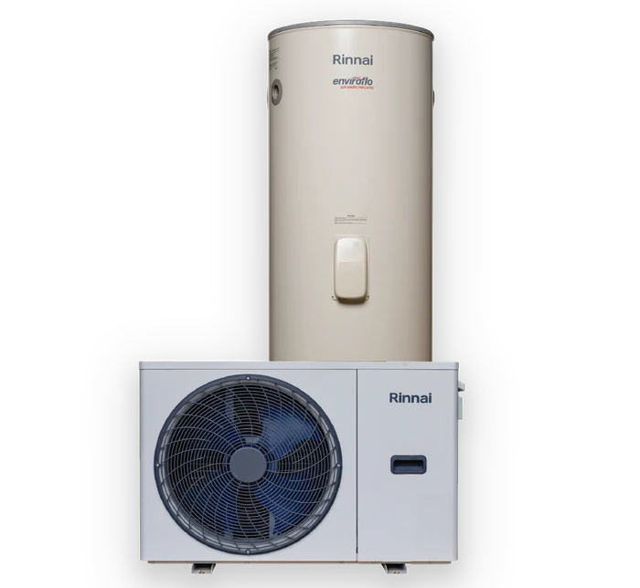 Representative current Rinnai Enviroflo S7 tank and heating unit; selected 250L standard tank height may differ.